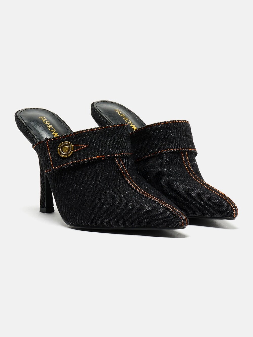 Fashion Nova Black Denim Pointed Mule Heels with Gold Accent